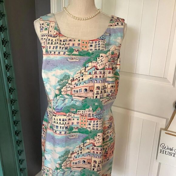 Talbot's Charming Vintage Cityscape Print Dress Size 14 - Picture 2 of 6